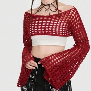 Romwe Red Summer Crochet Off Shoulder Hollow Out Crop Sweater Size XS